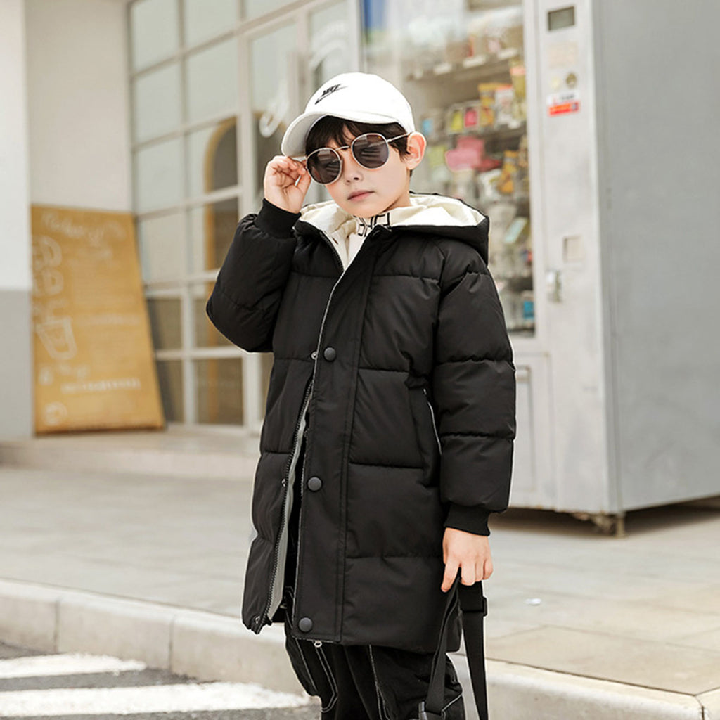 Boys Black Solid Puffer Hooded Down Jacket Coats & Jackets Black 2-3 Y