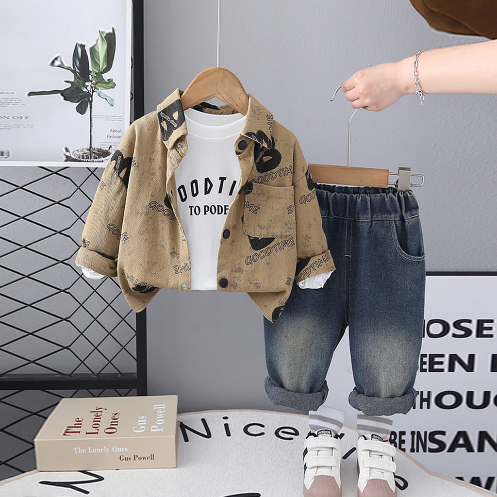 Boys Khaki Typographic Printed Shirt With T-Shirt & Denim Pants set 3 pc. Sets Khaki 1-2 Y