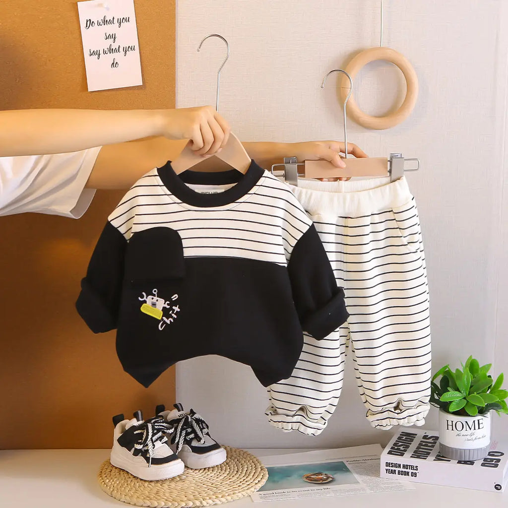 Boys Black Stripes Sweatshirt With Jogger Sets Sets Black 1-2 Y