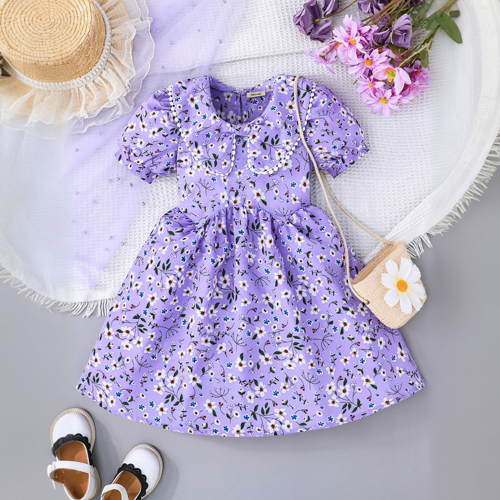 Girls Purple Floral Printed Puff Sleeves Dress Casual Dresses