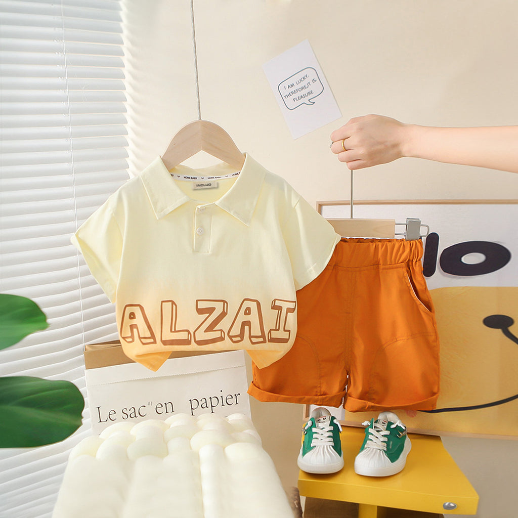 Boys Orange Typographic Printed Polo T-Shirt With Shorts Set 2 pc. Sets Orange 1-2 Y