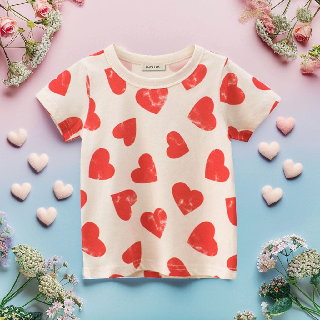 Girls Heart Print Short Sleeves T-shirt Tshirts Apricot 1-2 Y 