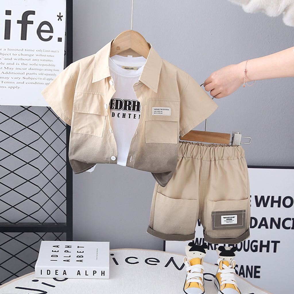 Boys Brown Ombre Dyed Short Sleeve Shirt With T-Shirt And Shorts Set 3 pc. Sets