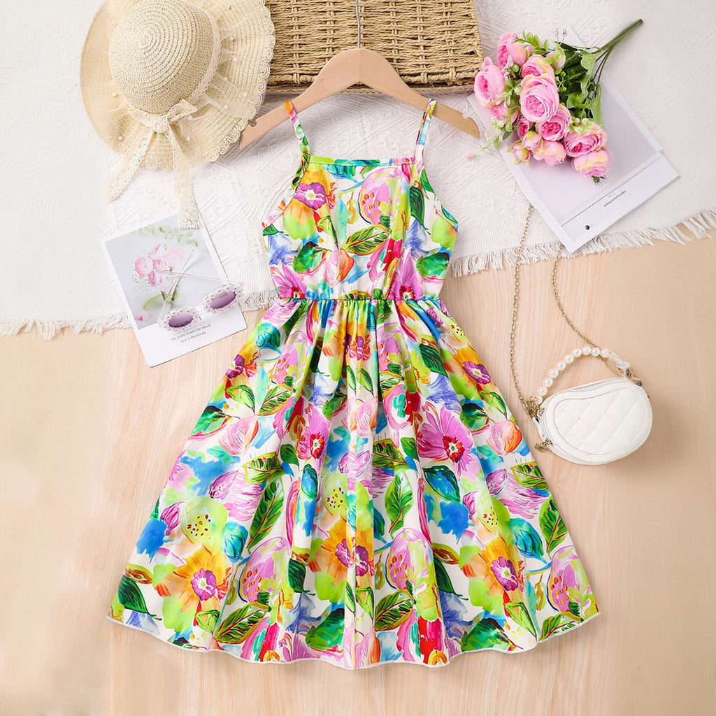 Girls Multicolor Tropical Print Sleeveless Fit & Flare Dress Casual Dresses Multicolor 3-4 Y
