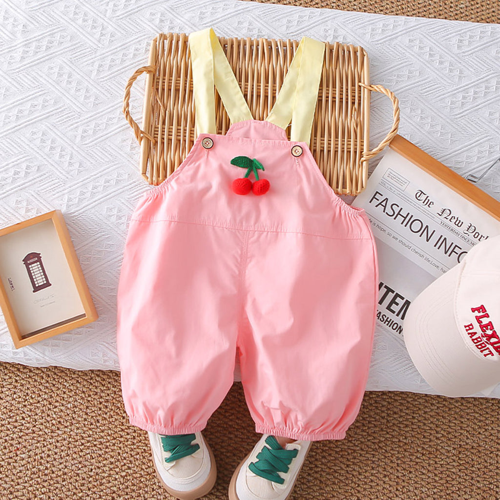 Girls Cherry Printed T-Shirt With Light Pink Cherry 3D Appliqued Dungaree Set 2 pc. Sets Light Pink 1-2 Y