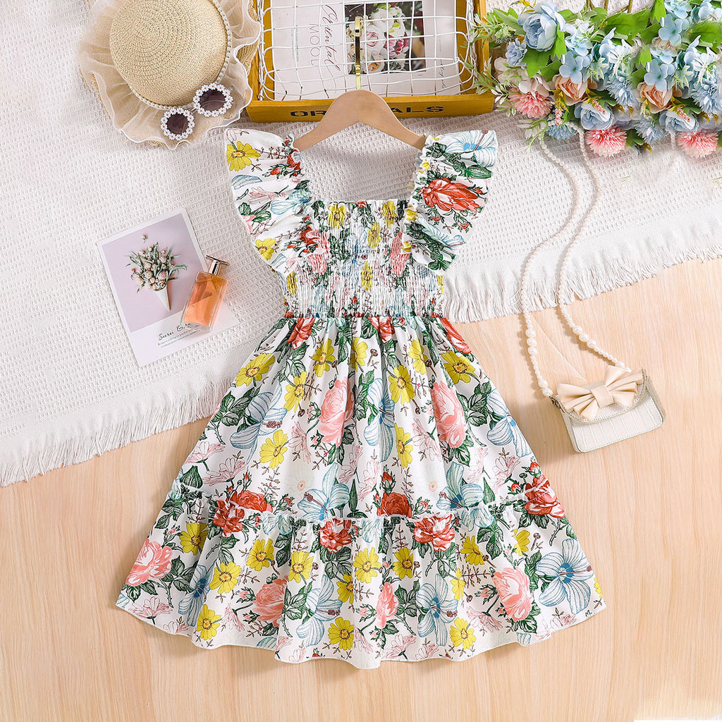 Girls Multicolor Floral Printed Sleeveless Square Neck Fit & Flare Dress Casual Dresses Multicolor 3-4 Y