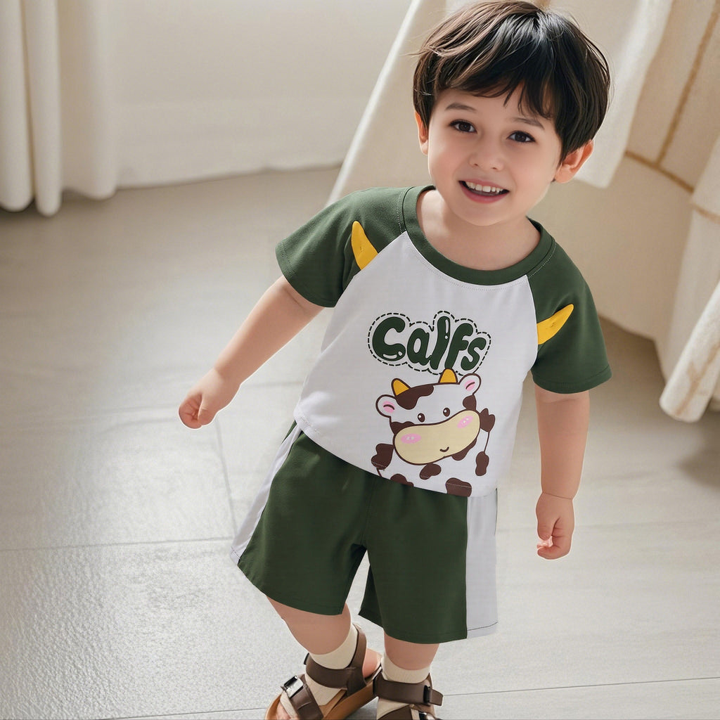 Boys Green Short Sleeve Cow Print T-Shirt With Shorts Set 2 pc. Sets Green 1-2 Y