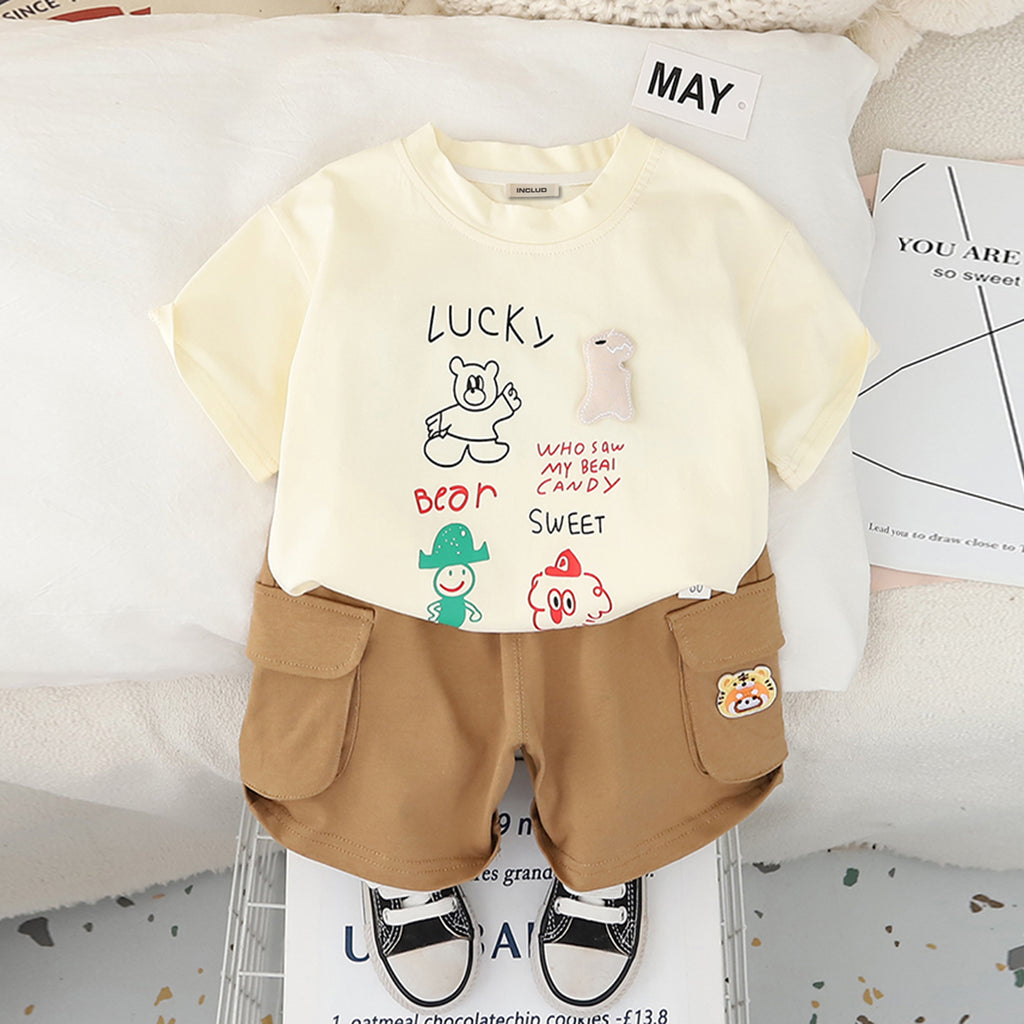 Boys Apricot Graphic Bear Printed T-Shirt With Cargo Shorts Set 2 pc. Sets Apricot 1-2 Y