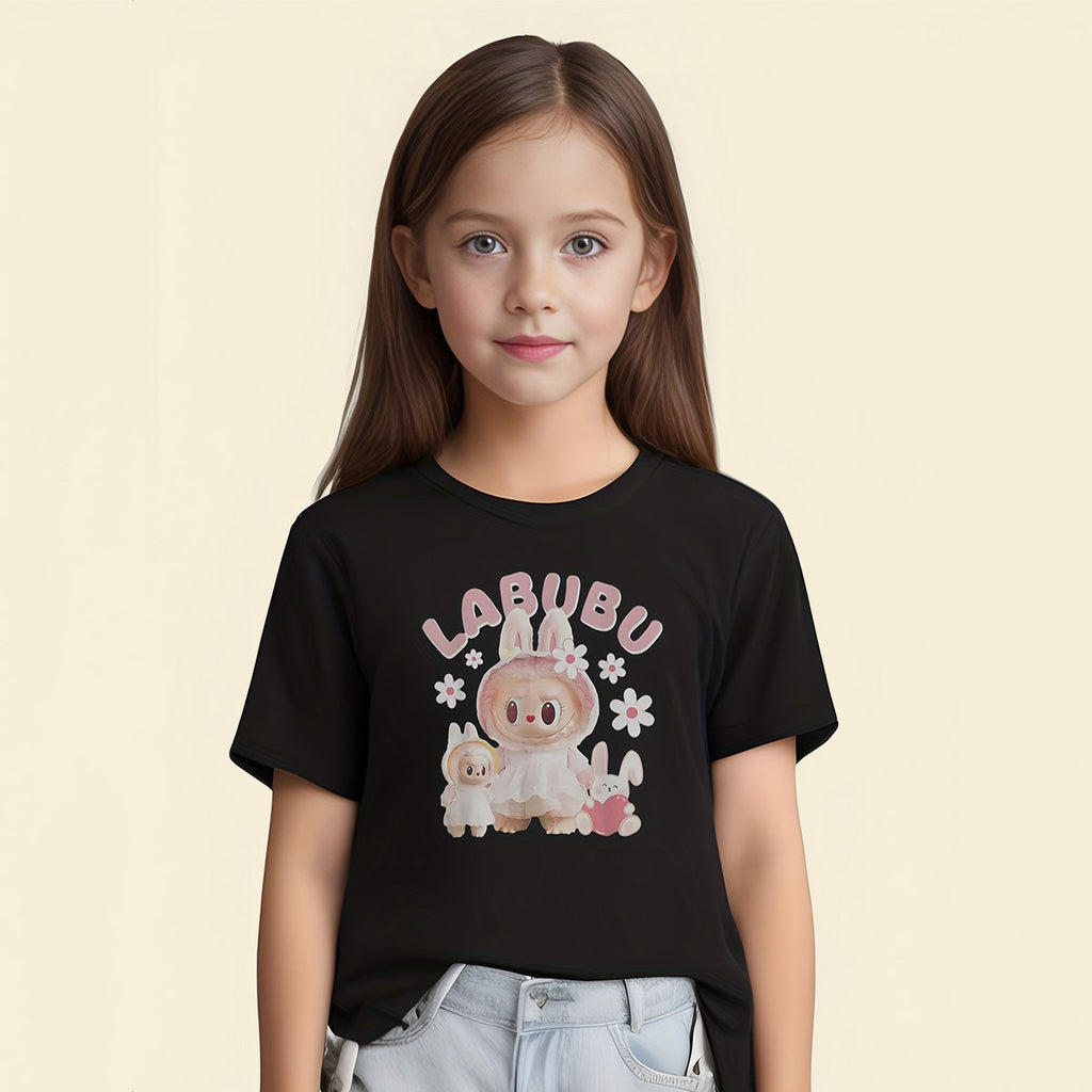 Girls Black Doll Printed Short Sleeves Casual T-shirt Tshirts Black 5-6 Y