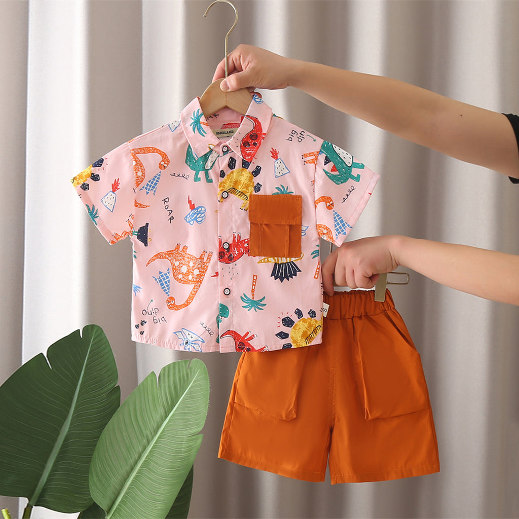 Boys Pink Animals Printed Short Sleeves Shirt With Shorts Set 2 pc. Sets Pink 1-2 Y