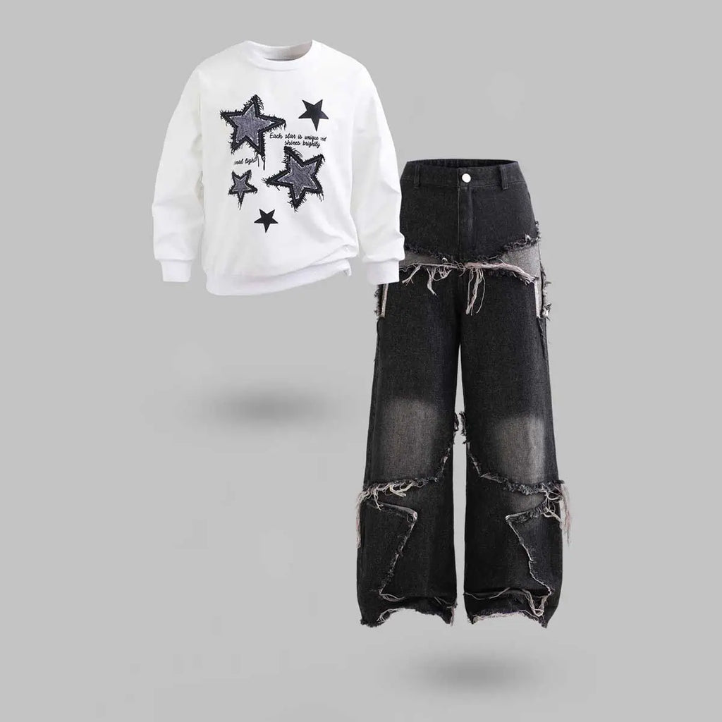 Girls White Star Printed Sweatshirt With Denim Pant Sets 2 pc. Sets White 7-8 Y
