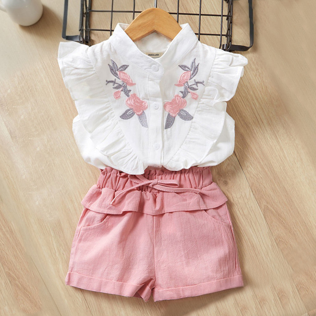 Girls White Floral Embroidered Shirt with Paperbag Waist Shorts Set Sets White 3-4 Y