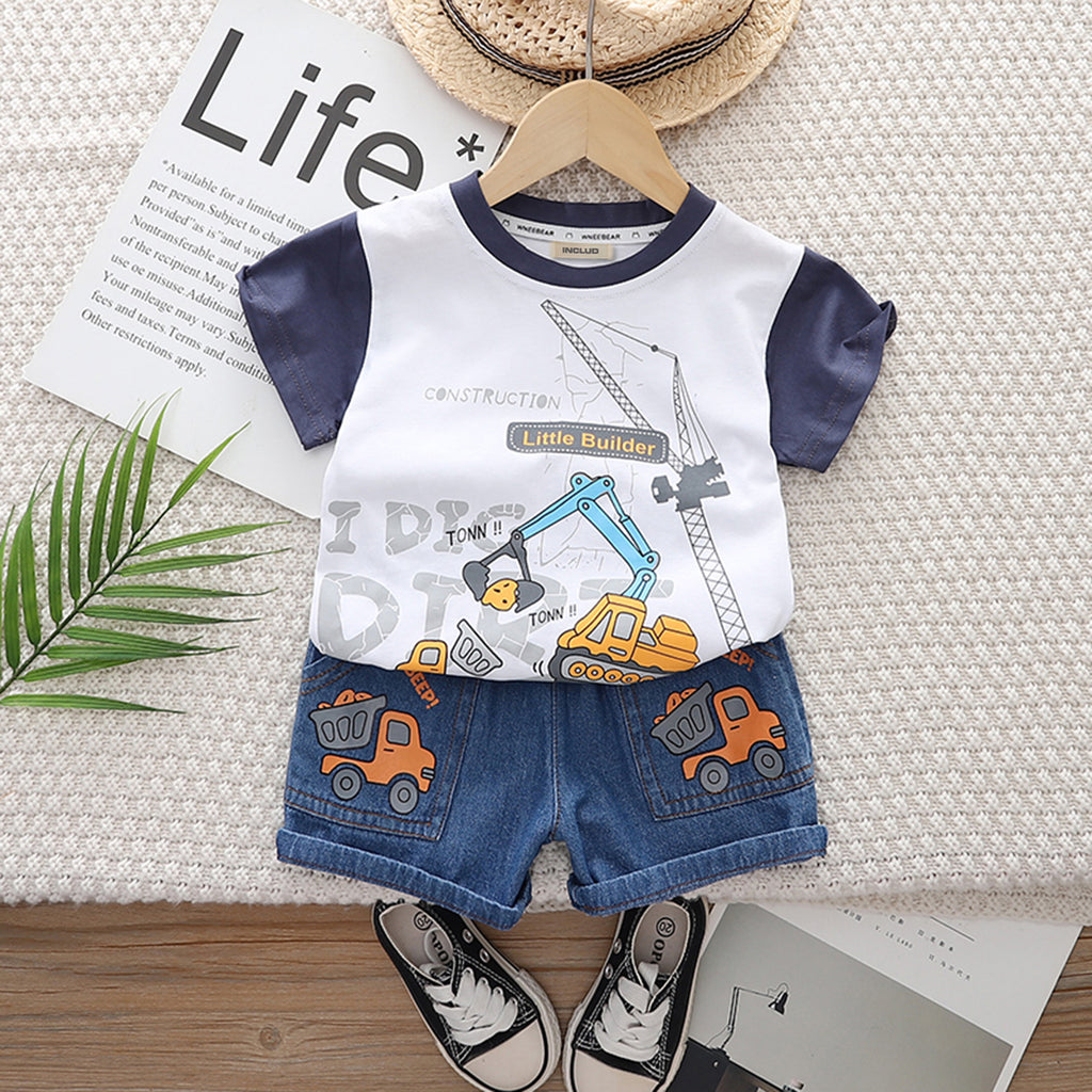 Boys White Crane Print Short Sleeve T-Shirt With Denim Shorts Set 2 pc. Sets White 1-2 Y