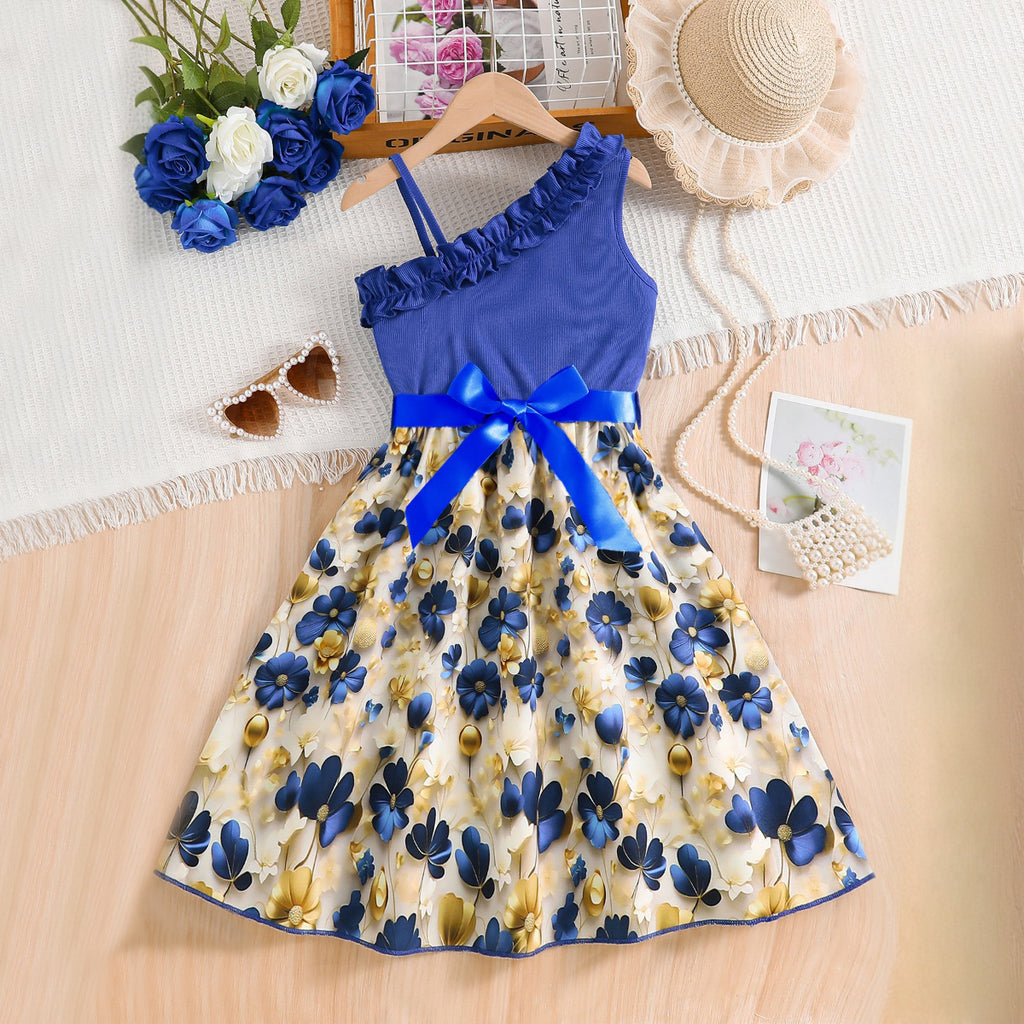 Girls Blue Floral Printed One Shoulder Fit And Flared Dress Casual Dresses