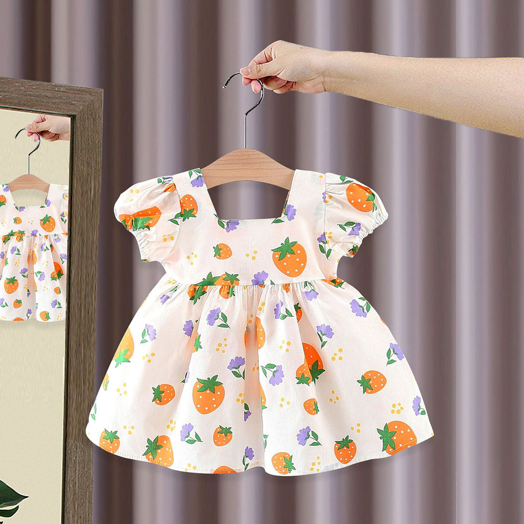 Girls Strawberry Printed Short Sleeve Dress With Bow Casual Dresses Orange 1-2 Y 