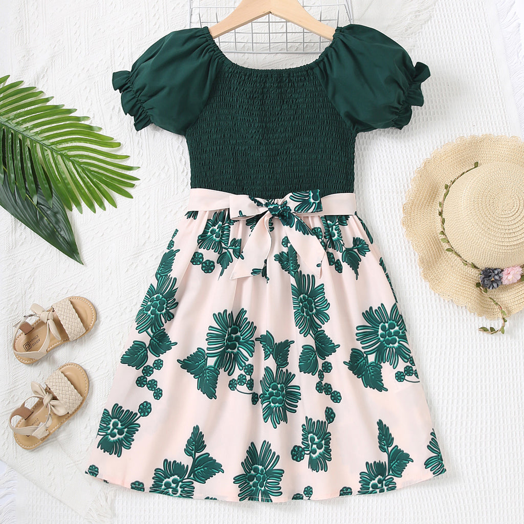 Girls Dark Green Floral Print Smocked Casual Dress Casual Dresses Green 7-8 Y
