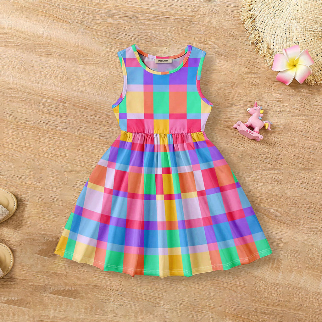 Girls Multicolor Check Printed Sleeveless Fit & Flare Dress Casual Dresses Multicolor 3-4 Y