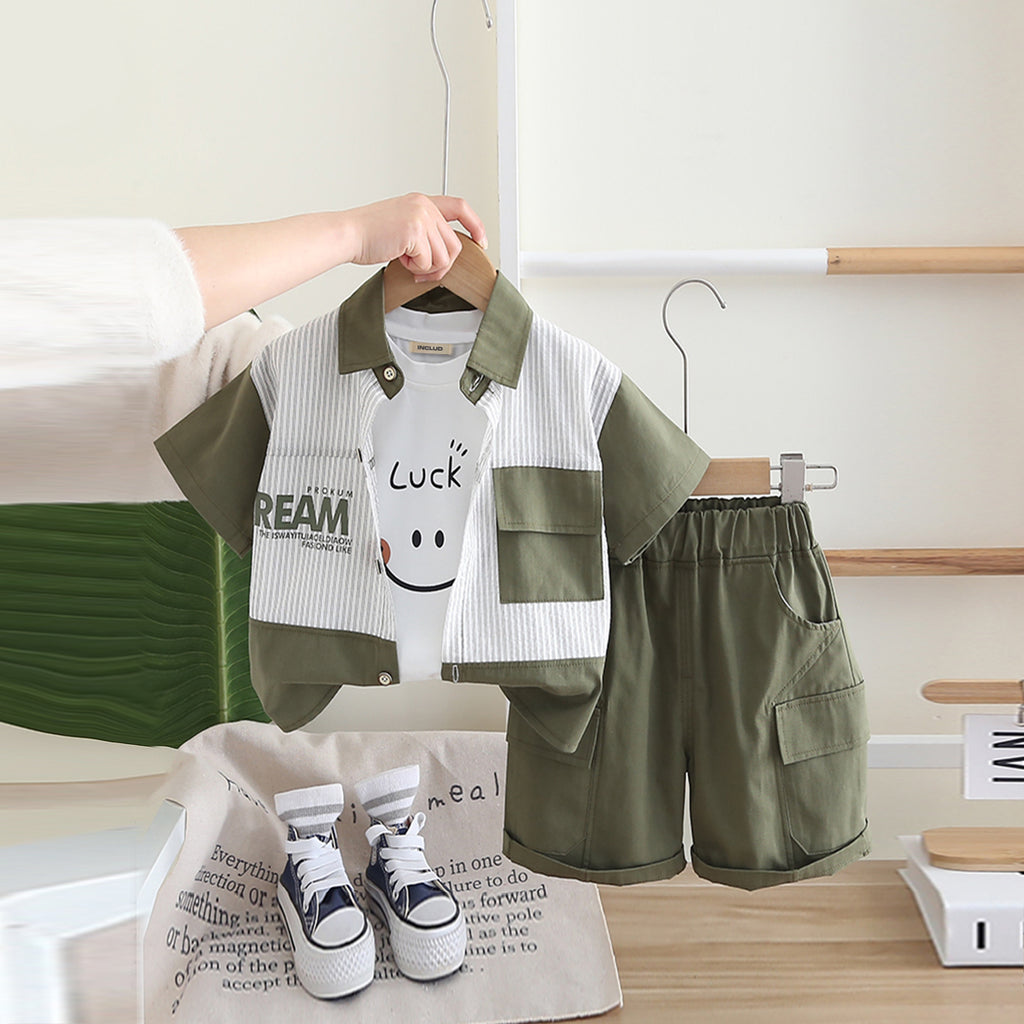 Boys Green Color-Blocked Shirt With T-Shirt And Cargo Shorts Set Sets Green 1-2 Y
