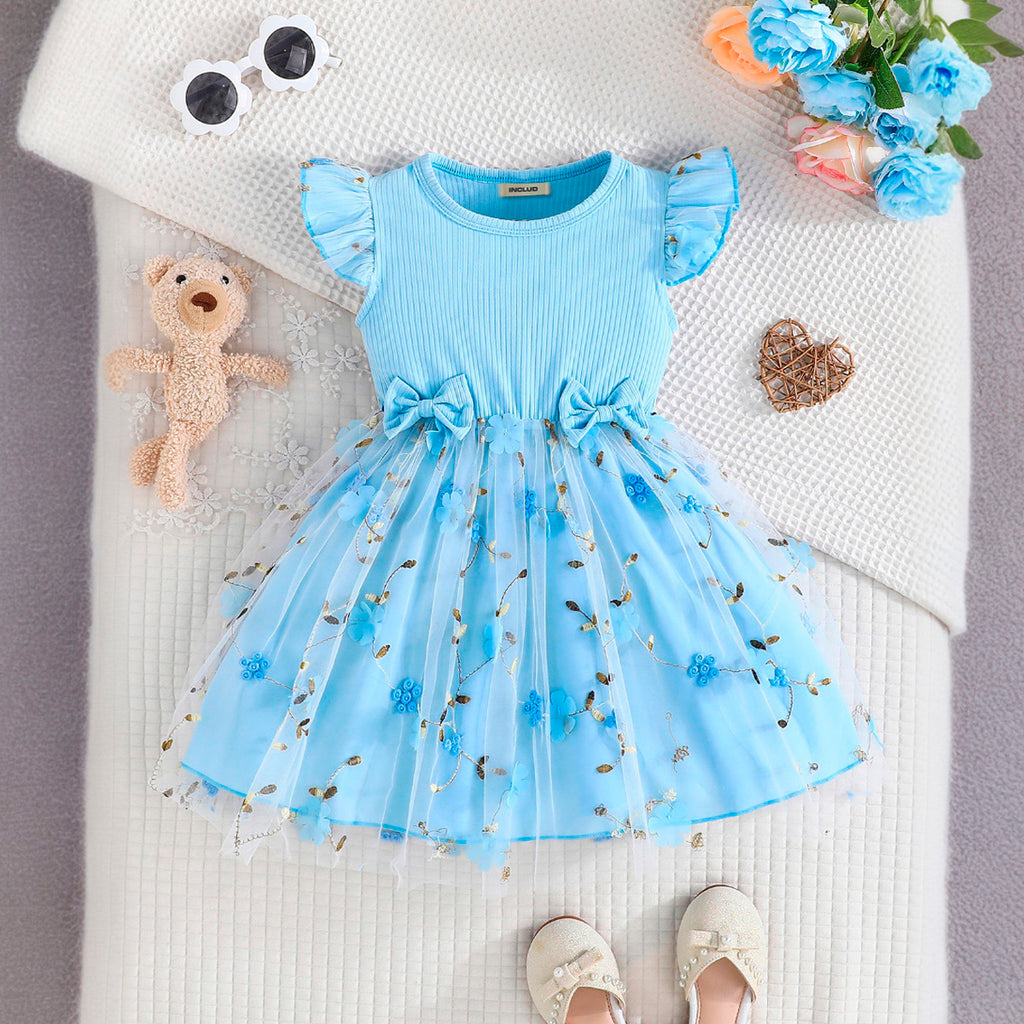 Girls Blue Floral Embroidered Fit & Flare Dress With Bow Casual Dresses