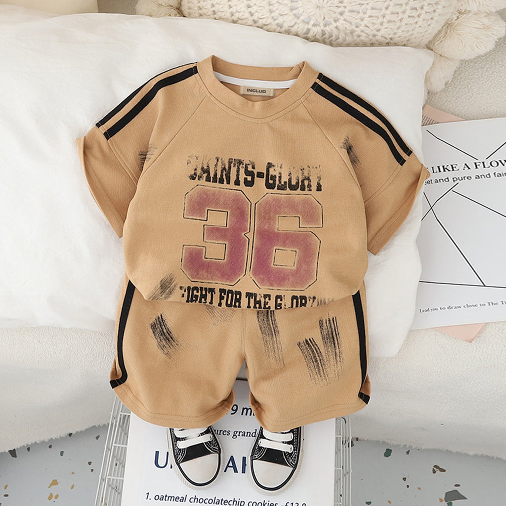Boys Khaki Shoulder Striped Raglan Sleeves T-Shirt With Shorts Set 2 pc. Sets Khaki 1-2 Y