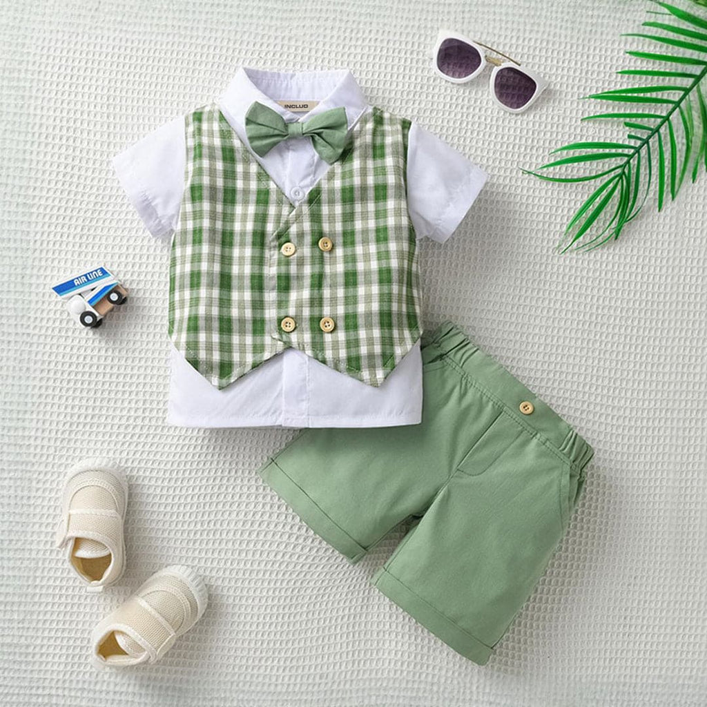 Boys Check Waistcoat Mock Shirt With Shorts Set Sets Green 1-2 Y 