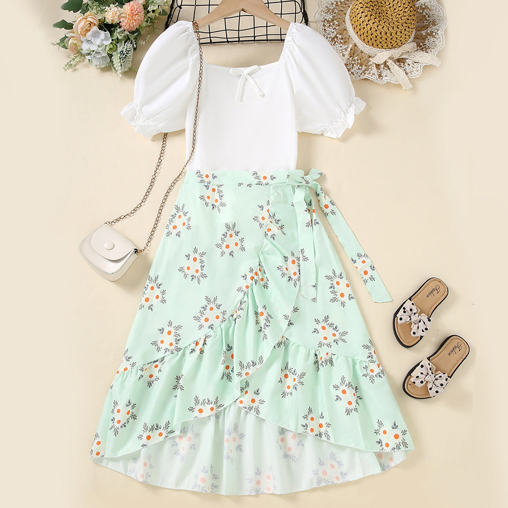 Girls White Puff Sleeve Top With Printed Asymmetric Skirt Set 2 pc. Sets White 8-9 Y
