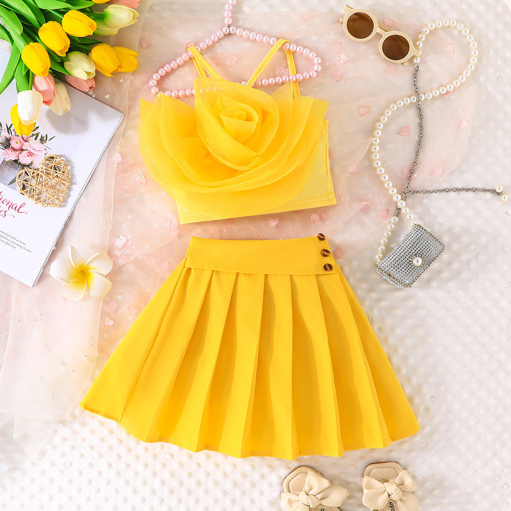 Girls Yellow Flower Applique Crop Top With Pleated Skirt Summer Set 2 pc. Sets Yellow 2-3 Y