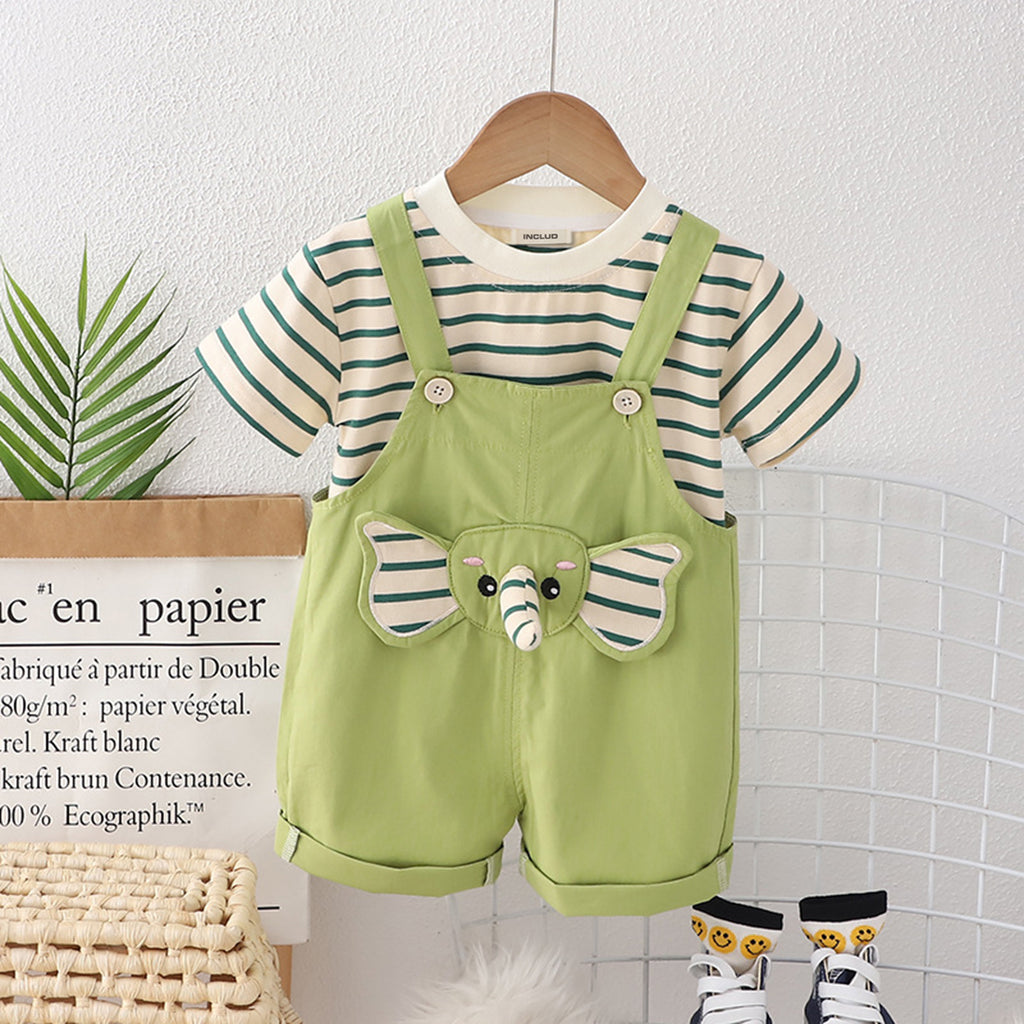 Boys Striped T-Shirt With Elephant Applique Dungaree 2 pc. Sets Light Green 1-2 Y 