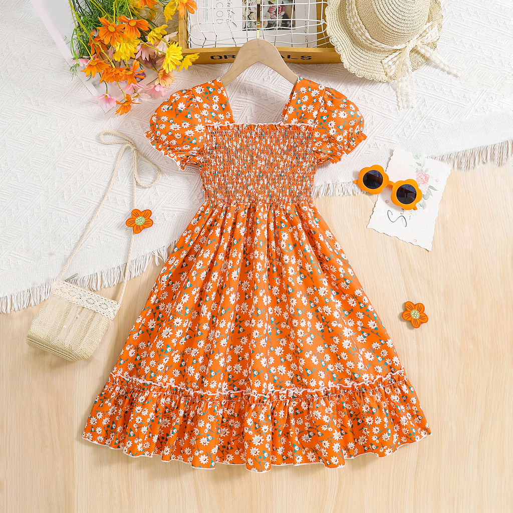 Girls Orange Floral Print Smocked Casual Midi Dress Casual Dresses Orange 3-4 Y