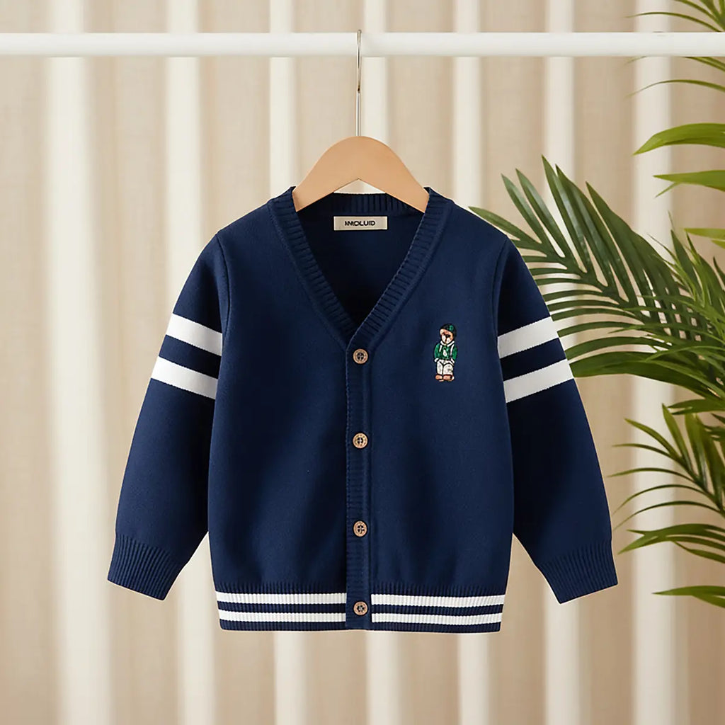 Boys Navy Blue Bear Applique Knitted Cardigan Sweaters & Cardigans Navy Blue 1-2 Y