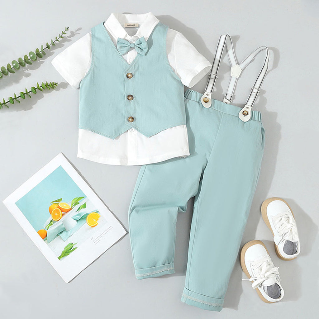 Boys Sea Green Waistcoat With Short Sleeve Shirt And Suspender Pants Set 3 pc. Sets Sea Green 1-2 Y