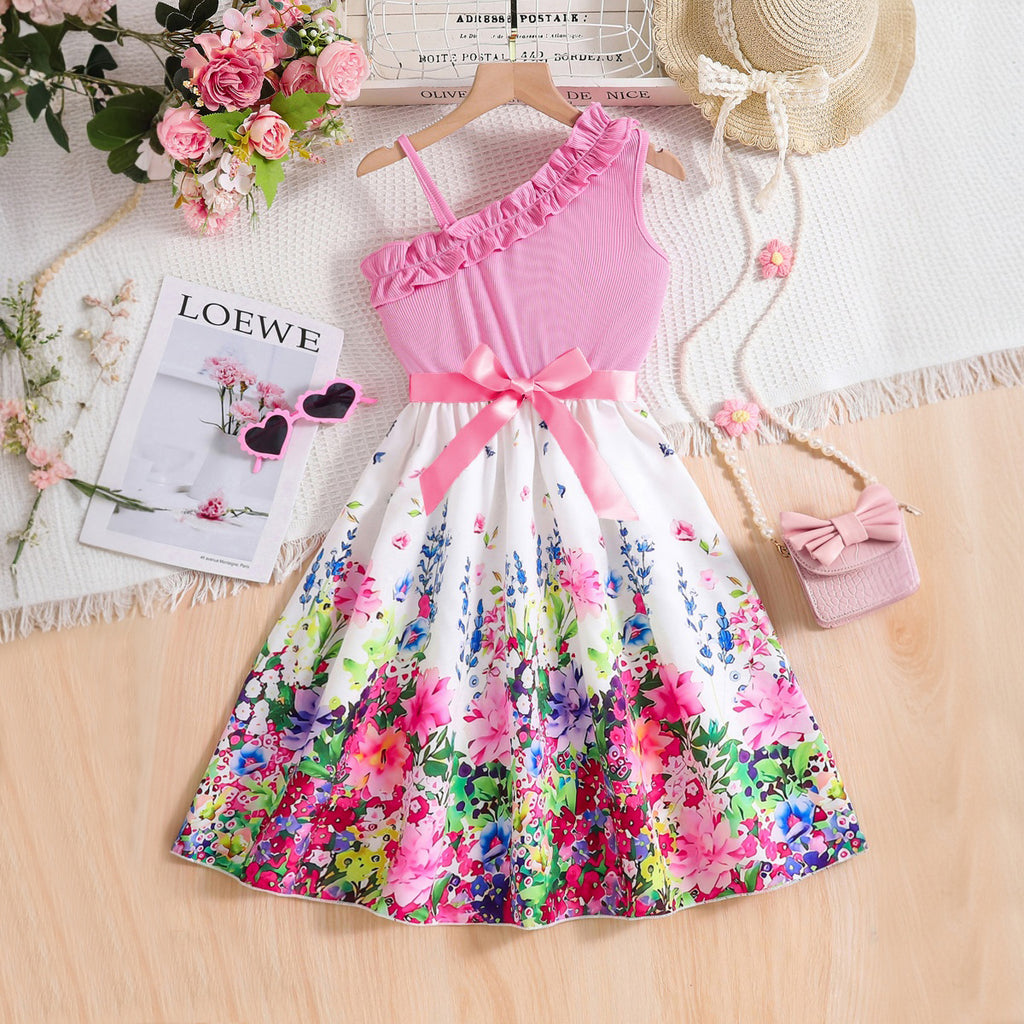 Girls Candy Pink Floral Printed One Shoulder Fit And Flared Midi Dress Casual Dresses Pink 3-4 Y