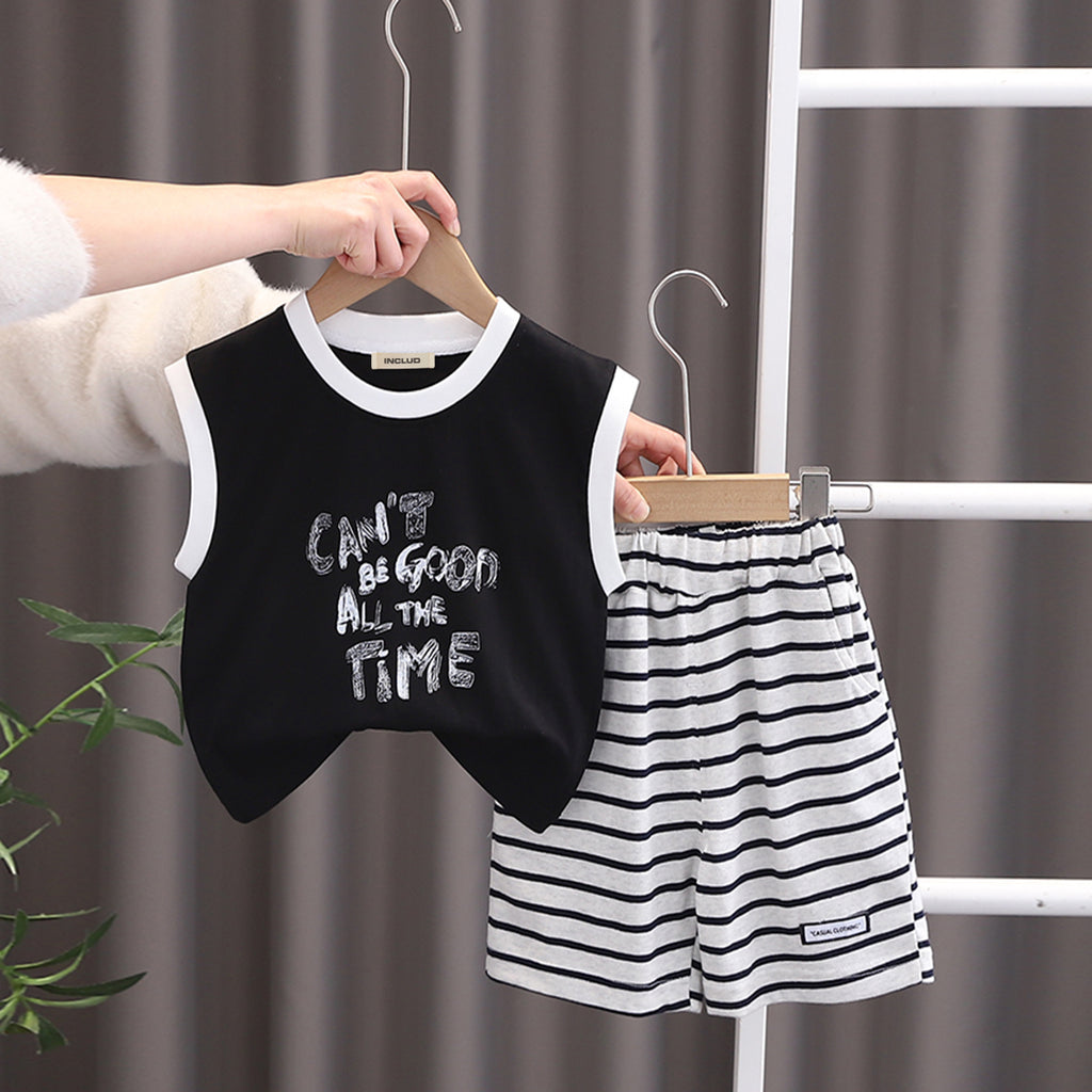 Boys Black Alphabet Printed Sleeveless T-Shirt With Striped Shorts Set 2 pc. Sets