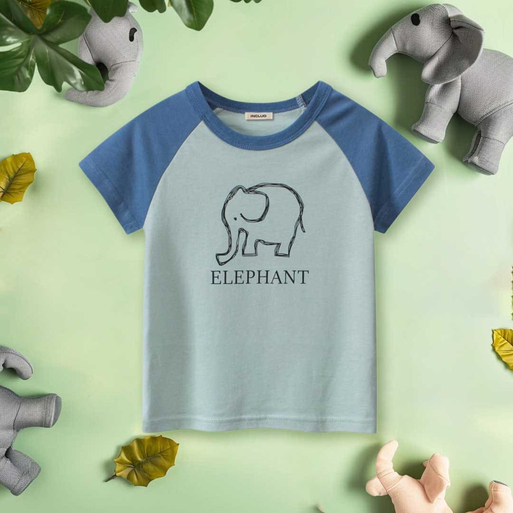 Boys Elephant Print Raglan Sleeves T-Shirt Tshirts Blue 1-2 Y 