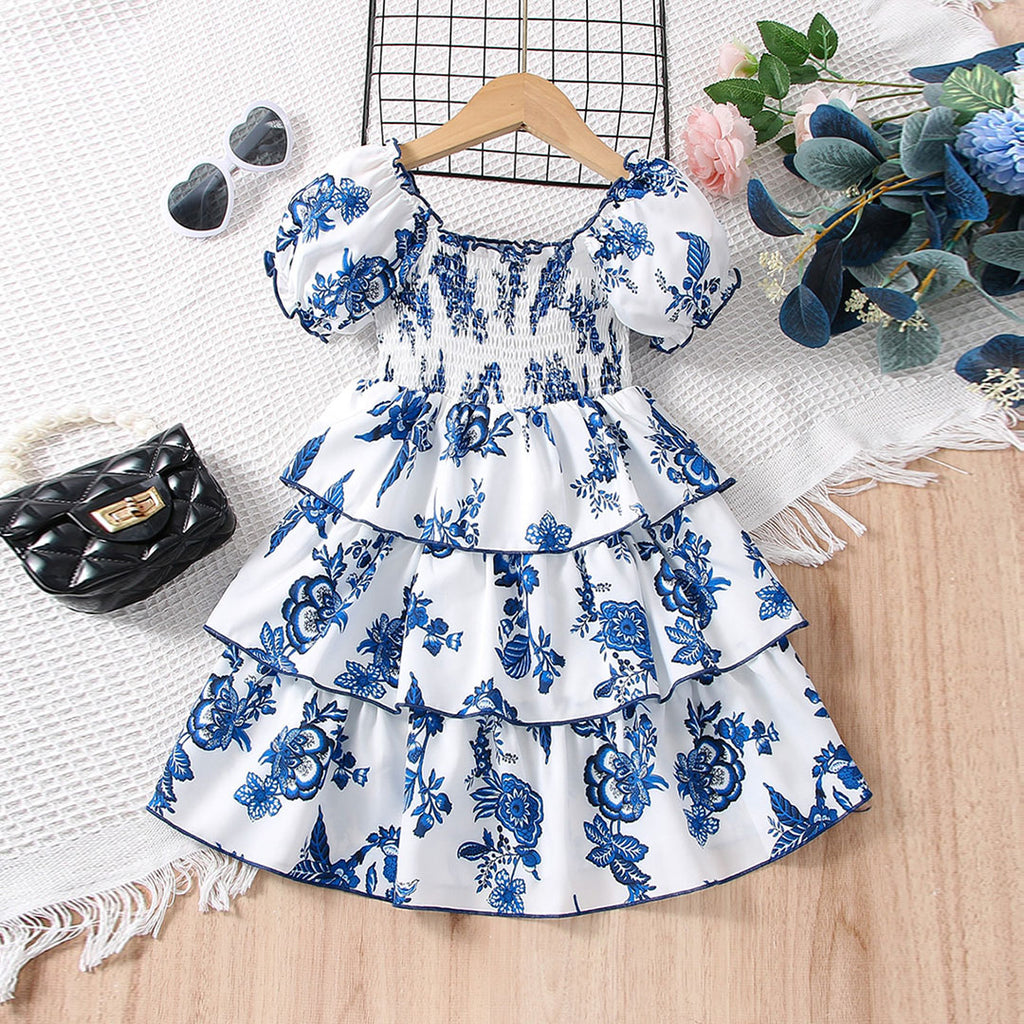 Girls Navy Floral Print Tiered Casual Dress Casual Dresses White 3-4 Y