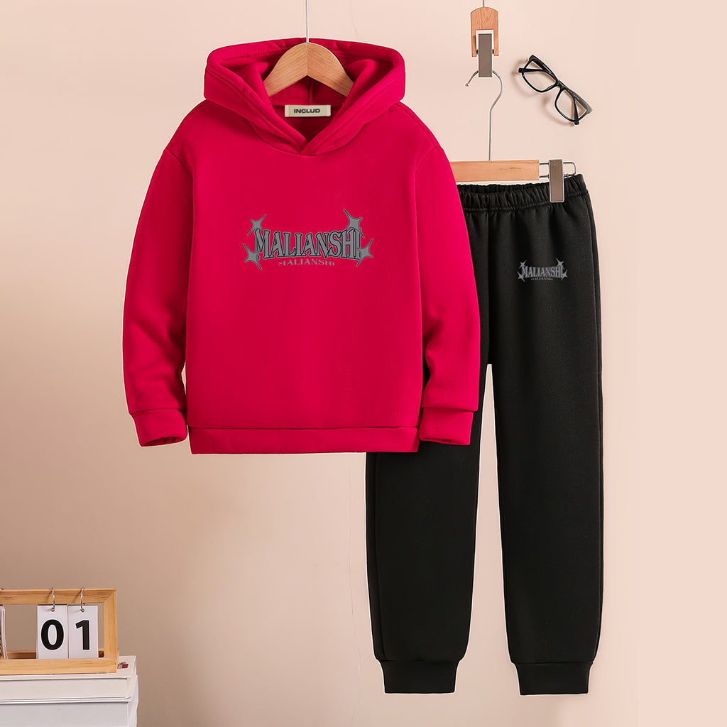 Boys Red Printed Hooded Sweatshirt with Joggers Set Sets Red 5-6 Y