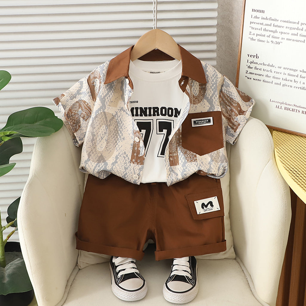 Boys Brown Printed Shirt With Short Sleeves T-Shirt And Shorts Set 3 pc. Sets Brown 1-2 Y