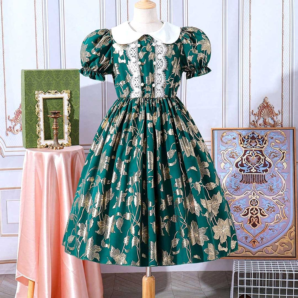 Girls Peter Pan Collar Flower Print Fit & Flare Dress Casual Dresses Green 8-9 Y 