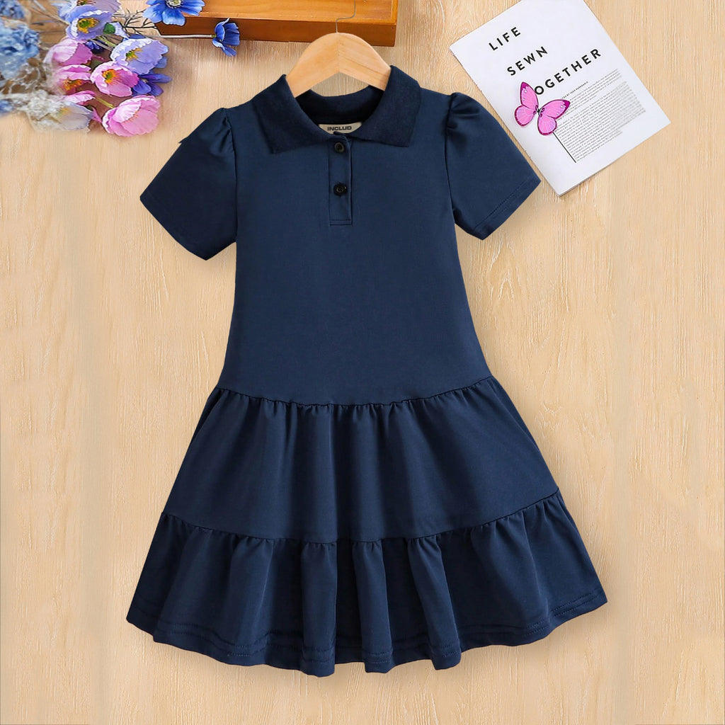 Girls Navy Blue Short Sleeves Knitted Shirt Dress Casual Dresses Navy Blue 3-4 Y