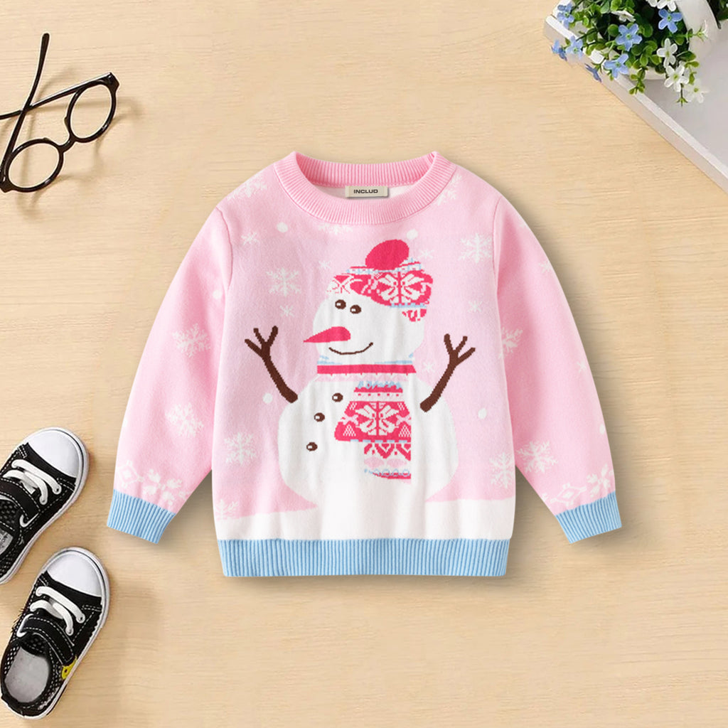 Girls Light Pink Self-Design Christmas Sweater Sweaters & Cardigans Light Pink 2-3 Y
