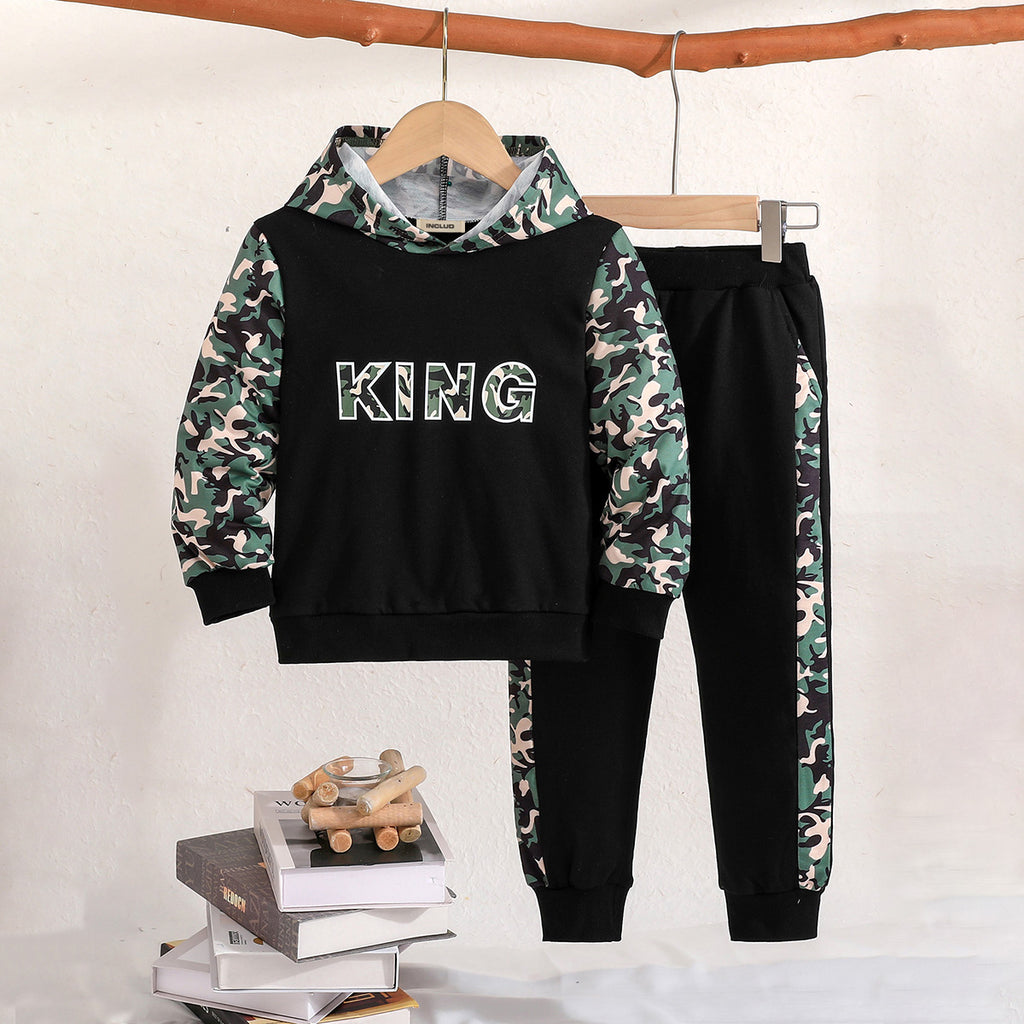 Boys Black Camouflage Printed Hooded Sweatshirt with Joggers Set Sets Black 3-4 Y