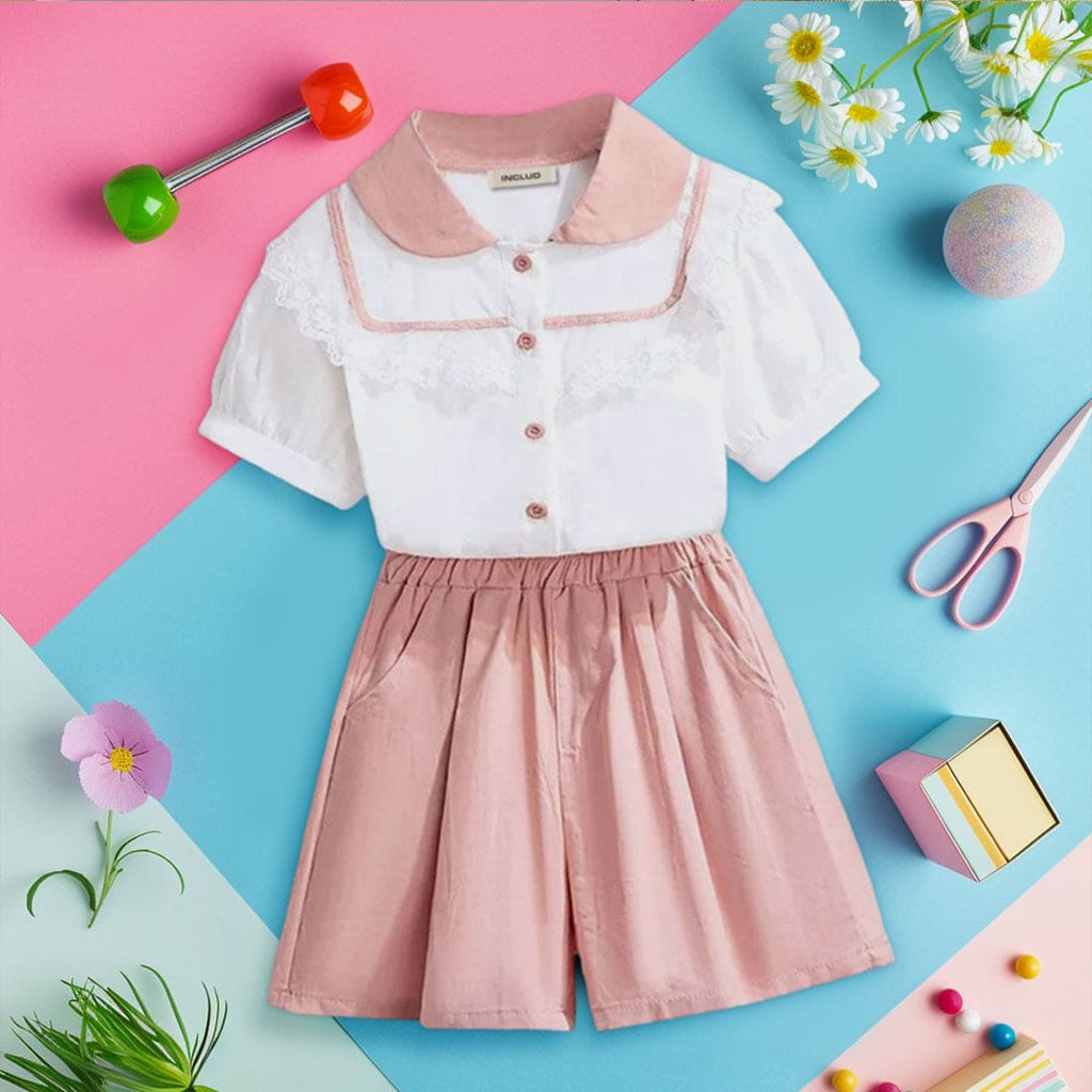 Girls Short Sleeve Peter Pan Collar Lace Top With Shorts Sets Pink 4-5 Y 