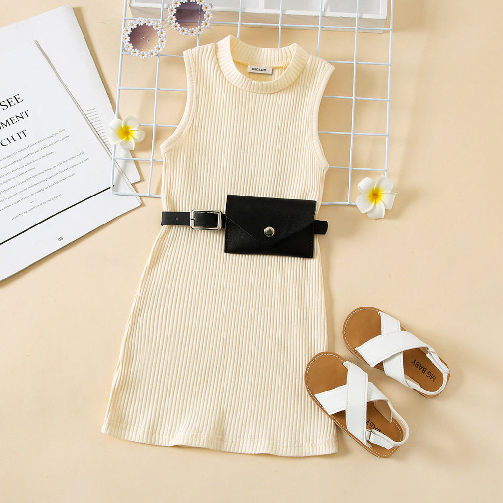 Girls Sleeveless Knitted A-Line Dress With Belt Casual Dresses Beige 1-2 Y 