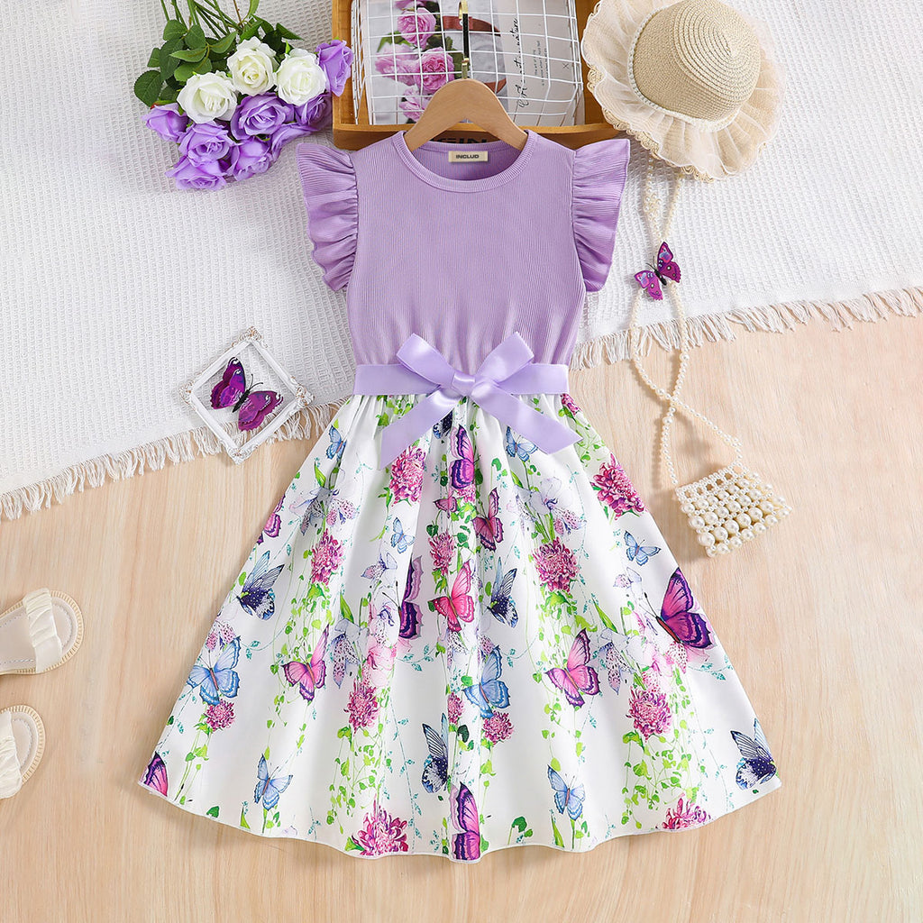 Girls Light Purple Butterfly Printed Flutter Sleeves Fit And Flared Midi Dress Casual Dresses Purple 3-4 Y