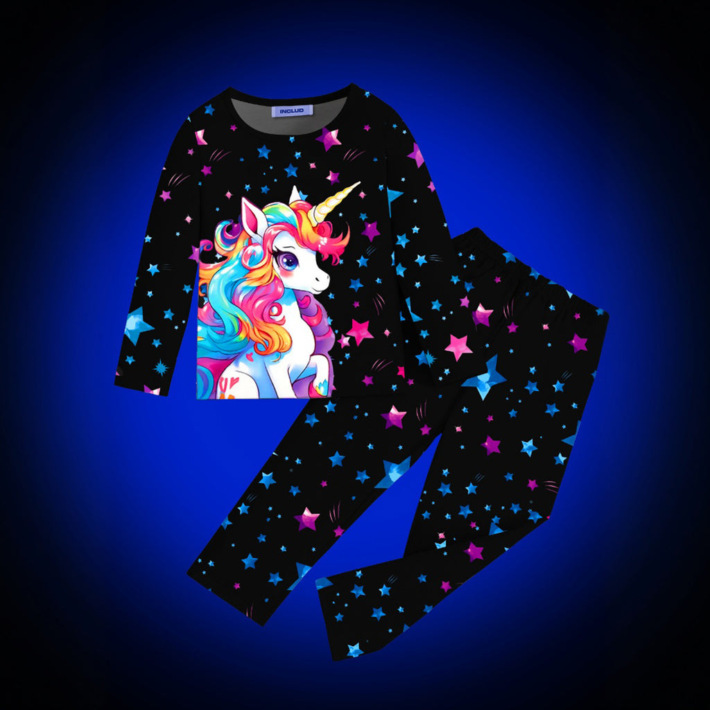 Girls Black Unicorn Printed Glow in the Dark T-Shirt & Pajama Winter Set 2 pc. Sets Black 3-4 Y