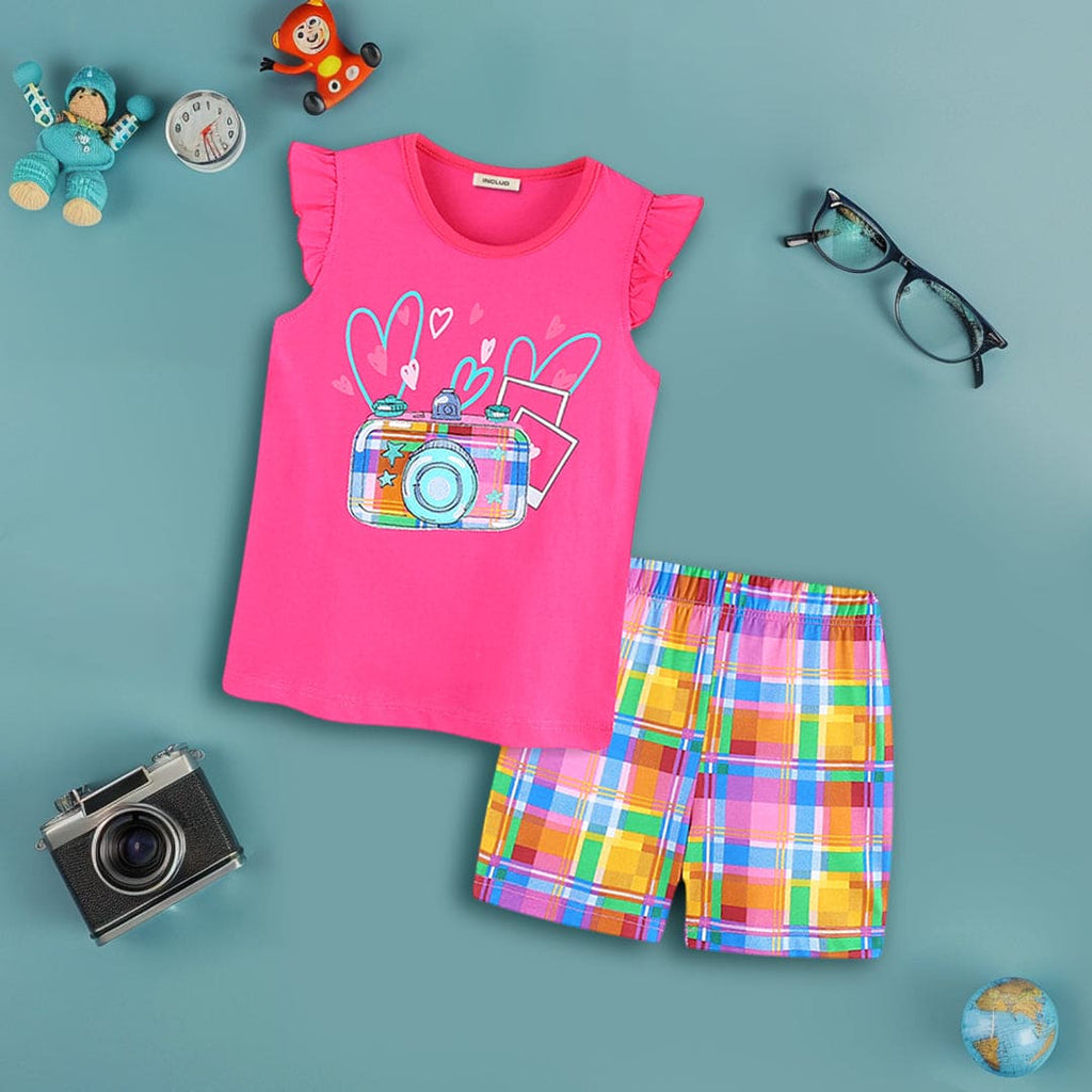 Girls Camera Graphic Top With Checked Shorts 2 pc. Sets Pink 1-2 Y 
