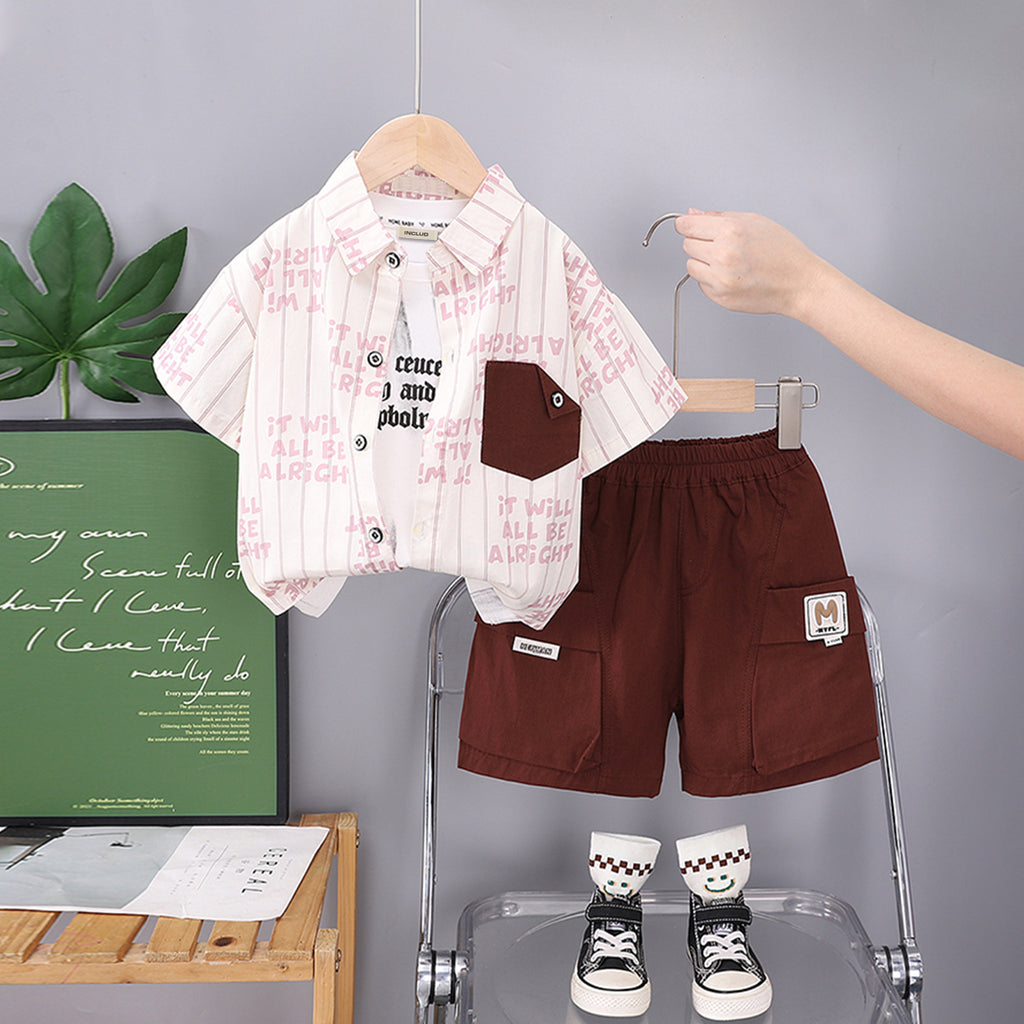 Boys Contrast Pocket Striped Shirt With Dark Brown Cargo Shorts Set 2 pc. Sets Dark Brown 1-2 Y