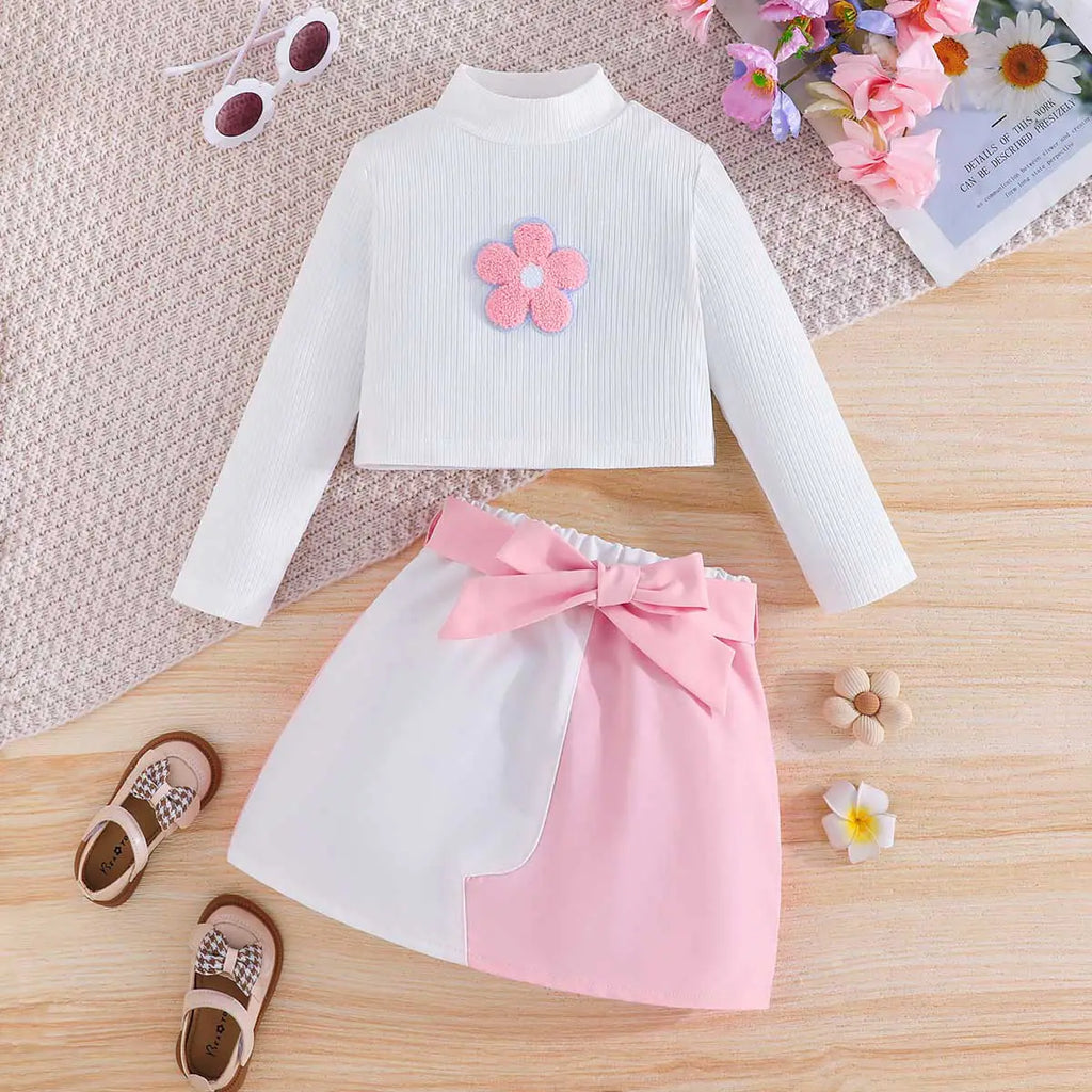 Girls Floral Applique Long Sleeve Top & Pink Skirt Sets Sets Pink 2-3 Y