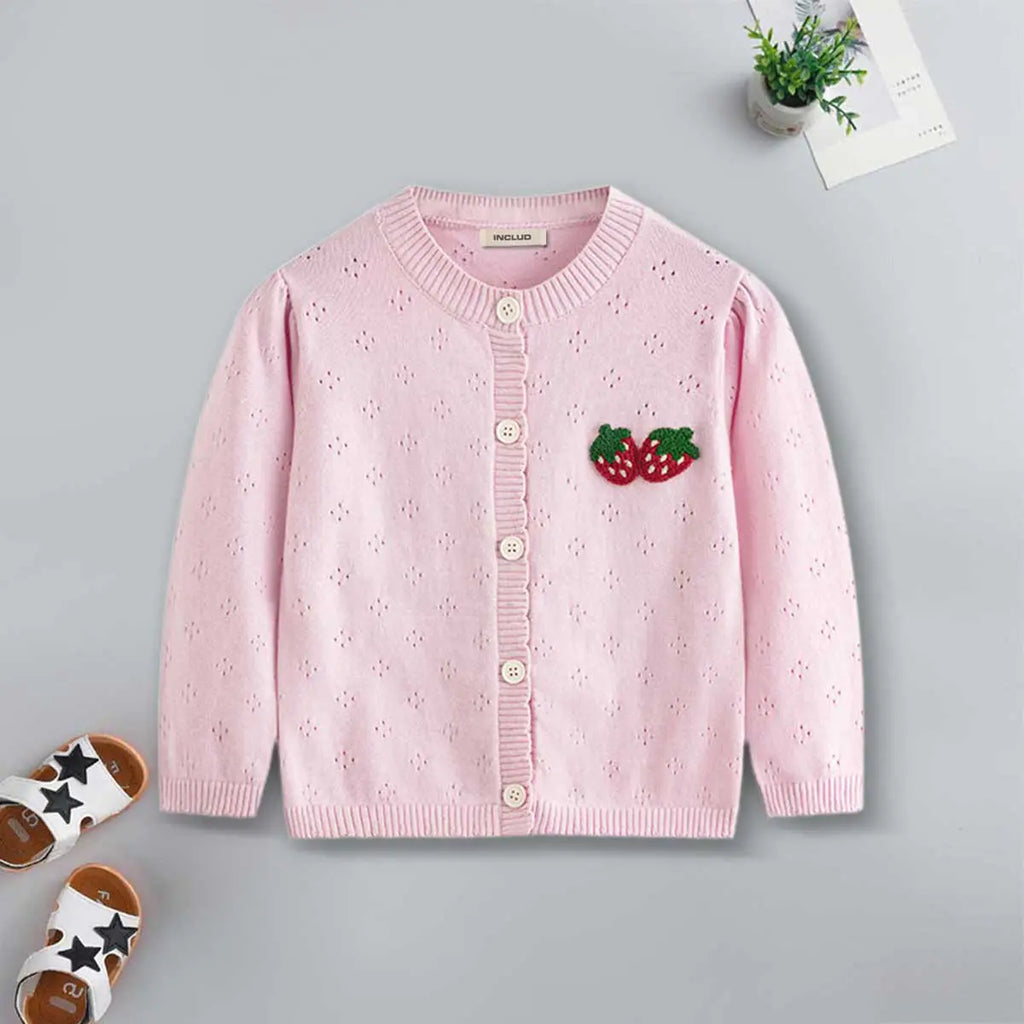 Girls Pink Strawberry Embroidered Long Sleeves Cardigan Sweaters & Cardigans Pink 2-3 Y