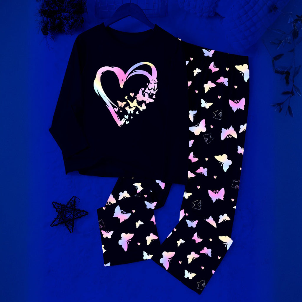 Girls Black Heart Printed Glow in the Dark T-Shirt & Pajama Winter Set 2 pc. Sets Black 7-8 Y